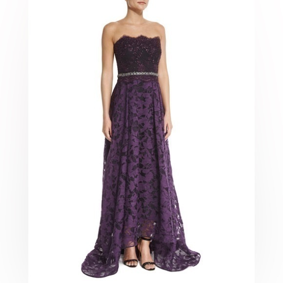 BADGLEY MISCHKA Purple Strapless Beaded-Waist Lace High-Low Gown